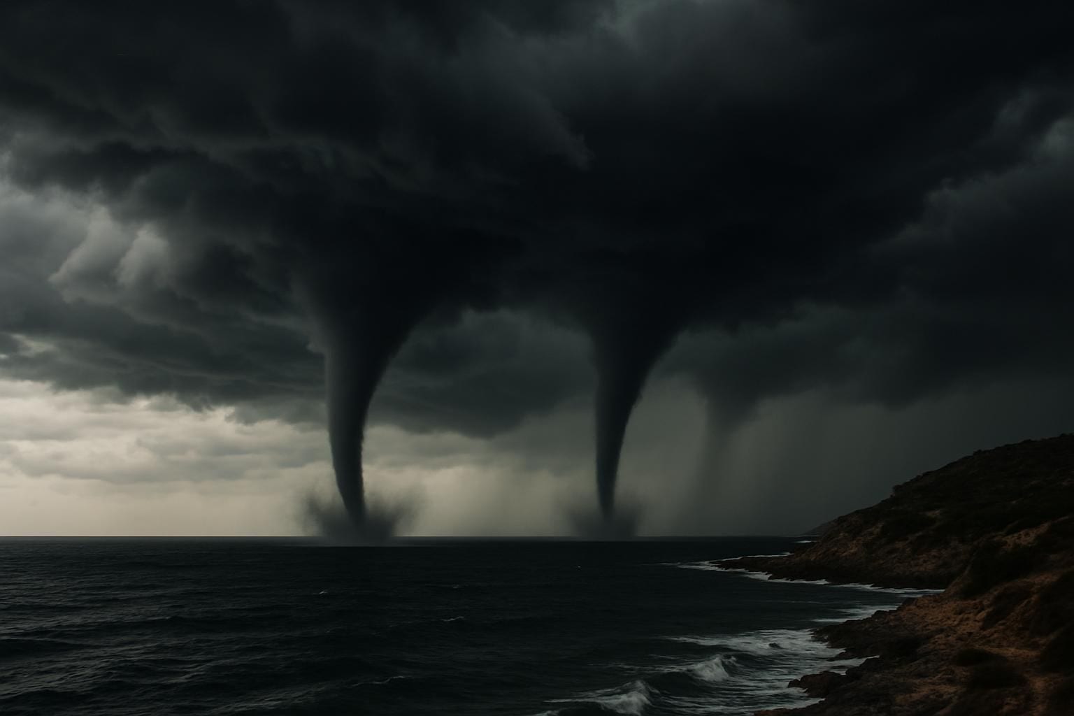 Een dubbele tromba marine (waterhoos) boven de zee bij de kust van Sicilië tijdens onweer